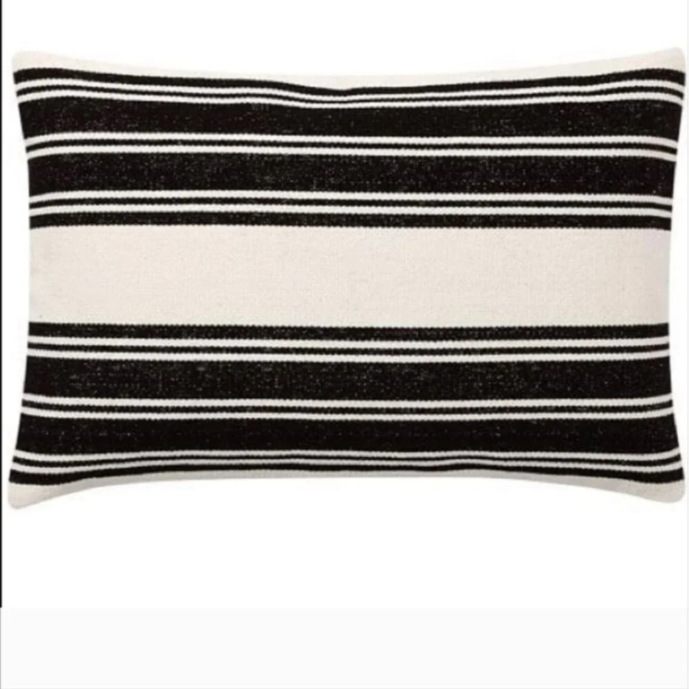 Pottery Barn Black / Cream Awning Striped Dhurrie Lumbar Pillow Cover 20X30